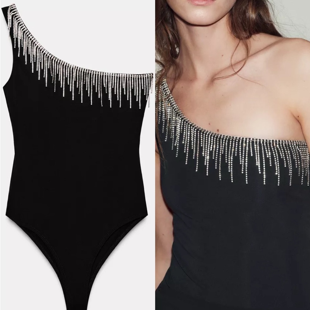 Zara NWT Black One-Shoulder Bodysuit with Sparkle Embellishments